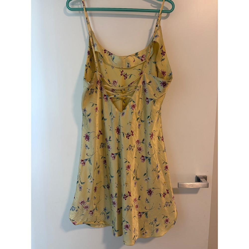 Vintage Suzanne Yellow Floral Satin Slip Dress Strappy Back Midi L lace up